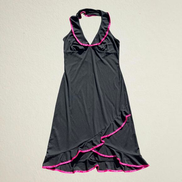 Y2K vintage black ruffled halter dress with pink trim asymmetrical hem 2000s - Picture 1 of 7
